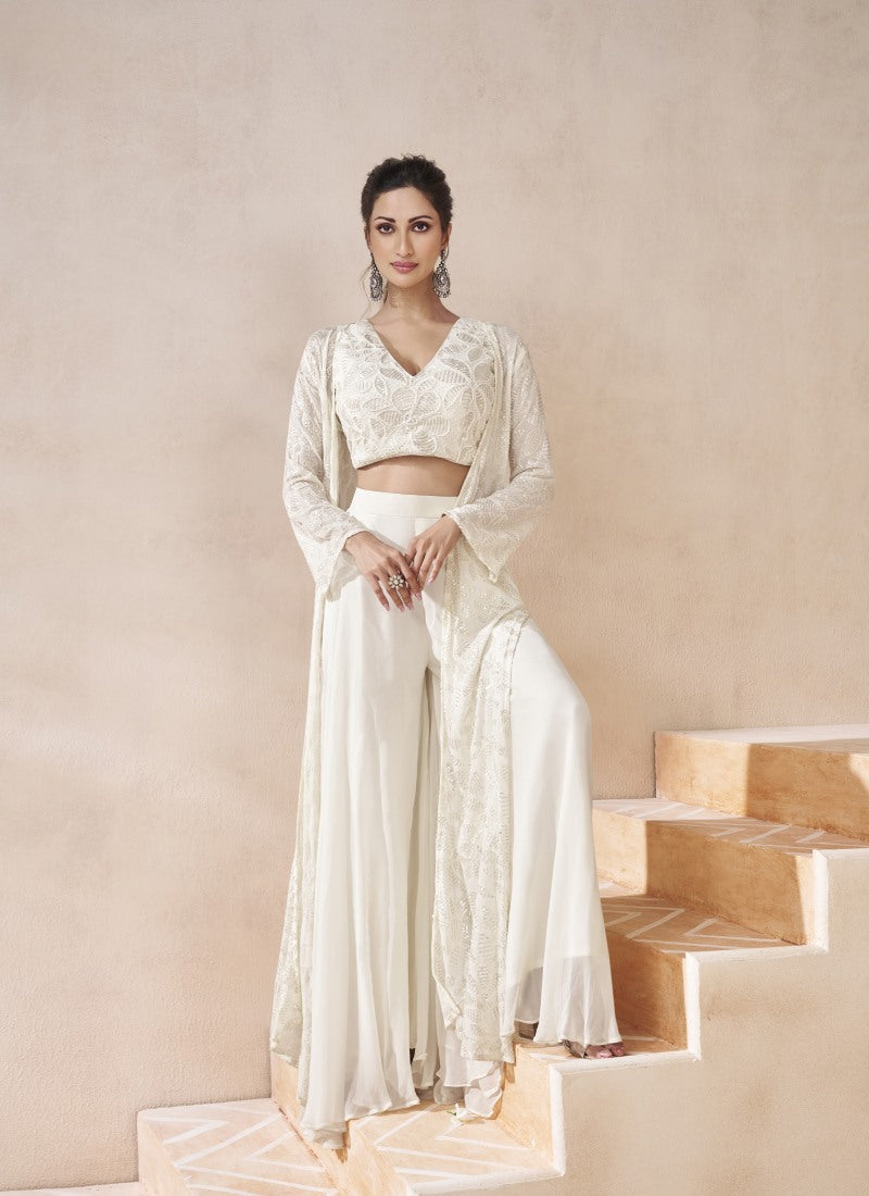 White Indo Western Palazzo Suit