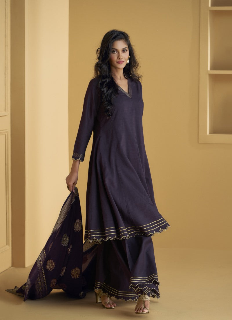 Purple Silk Sharara Suit With Embroidery Work