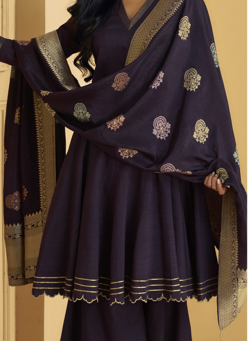 Purple Silk Sharara Suit With Embroidery Work