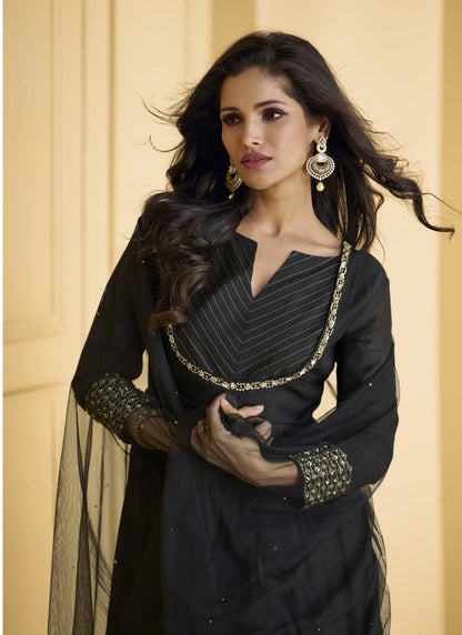 Black Silk Sharara Suit With Embroidery Work