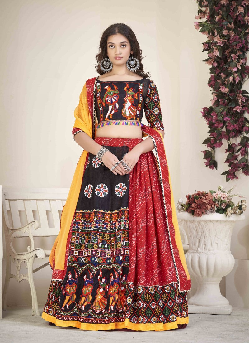 Red Navratri Lehenga Choli With Embroidery, Mirror Work and Sequins Work