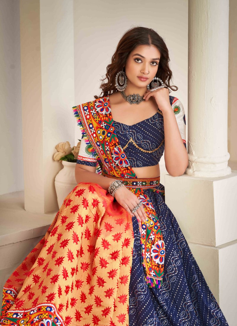 Blue Navratri Lehenga Choli With Embroidery, Mirror Work and Sequins Work