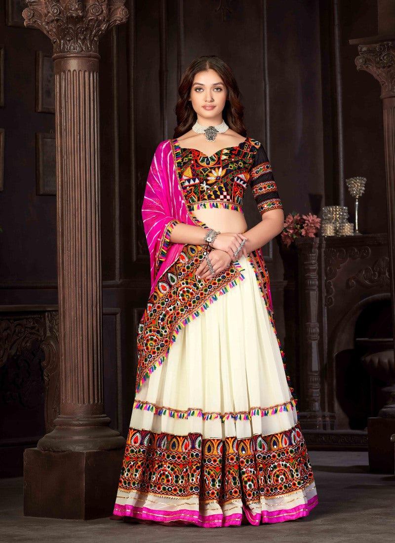 Off White Navratri Lehenga Choli With Embroidery, Mirror Work and Sequins Work