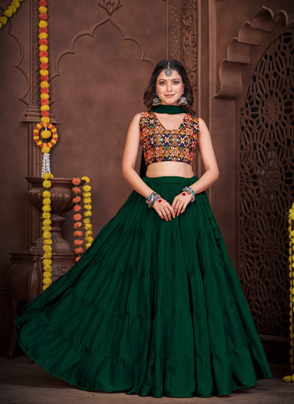 Green Navratri Lehenga Choli With Embroidery and Sequins Work