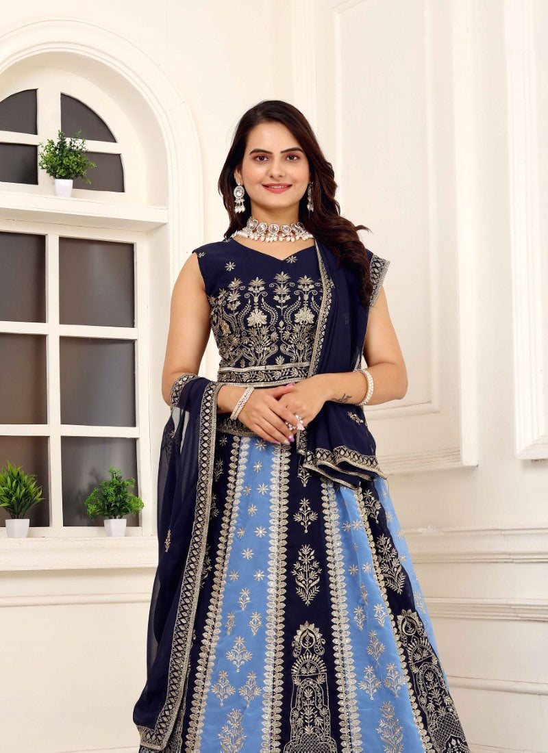 Blue Designer Lehenga Choli With Embroidery, Zari Work and Sequins Work