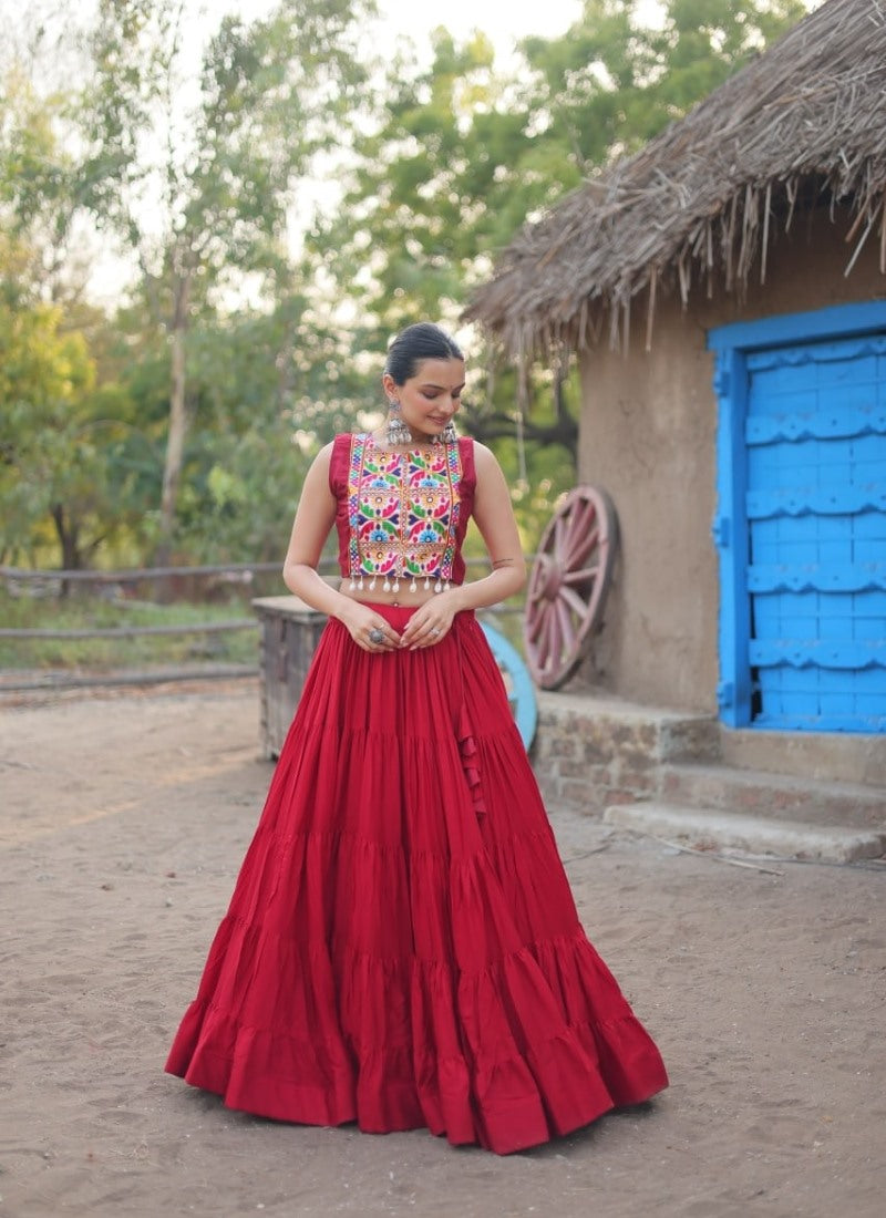 Red Navratri Lehenga Choli With Koti and Embroidery, Sequins Work