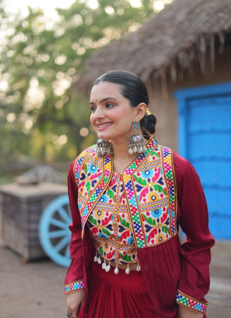 Red Navratri Lehenga Choli With Koti and Embroidery, Sequins Work