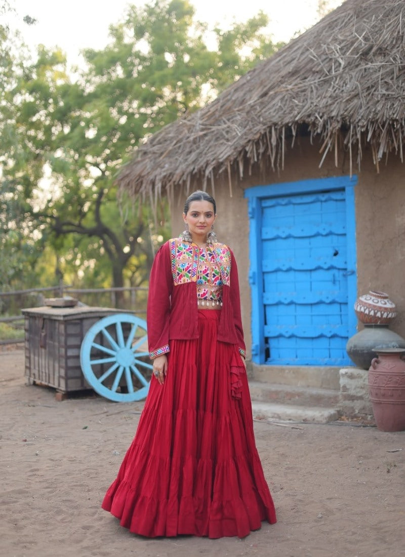 Red Navratri Lehenga Choli With Koti and Embroidery, Sequins Work