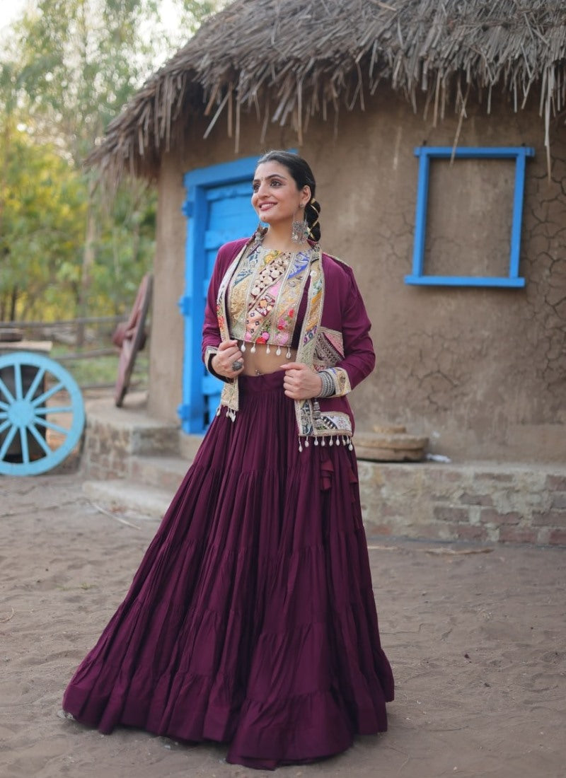 Wine Navratri Lehenga Choli With Koti and Embroidery, Sequins Work