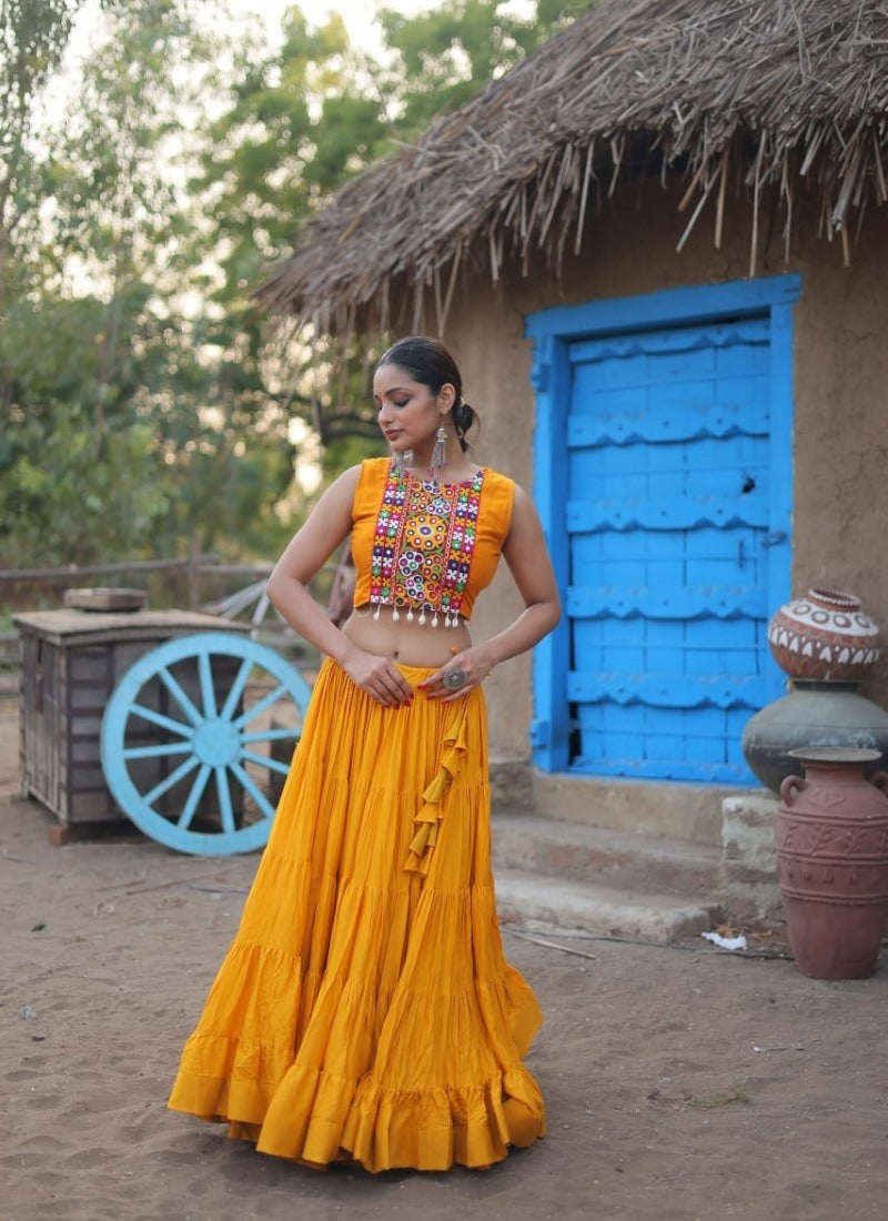 Yellow Navratri Lehenga Choli With Koti and Embroidery, Sequins Work