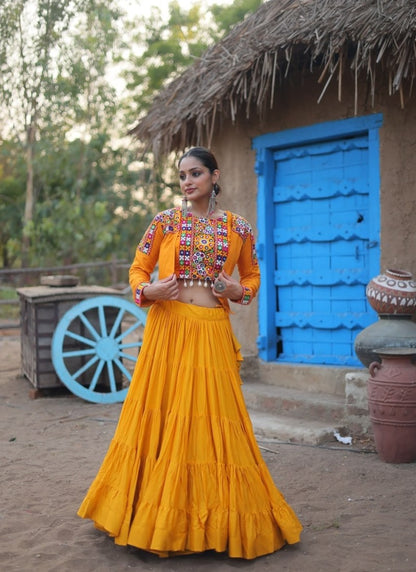 Yellow Navratri Lehenga Choli With Koti and Embroidery, Sequins Work