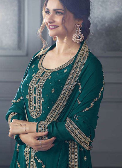 Green Straight Cut Palazzo Salwar Suit With Embroidery Work