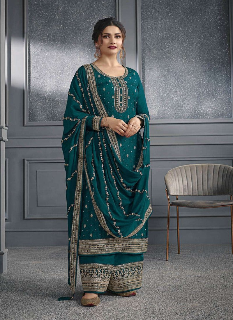 Green Straight Cut Palazzo Salwar Suit With Embroidery Work