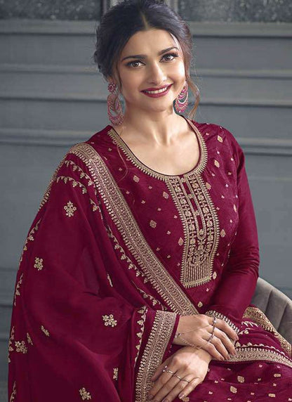 Maroon Straight Cut Palazzo Salwar Suit With Embroidery Work