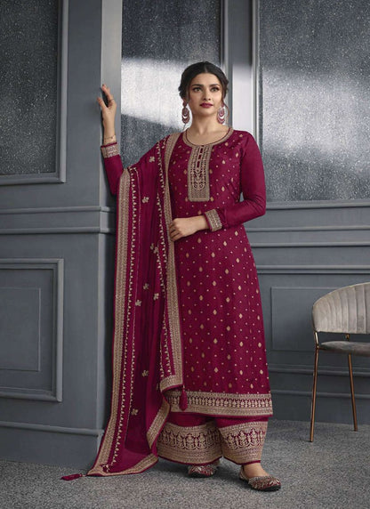 Maroon Straight Cut Palazzo Salwar Suit With Embroidery Work