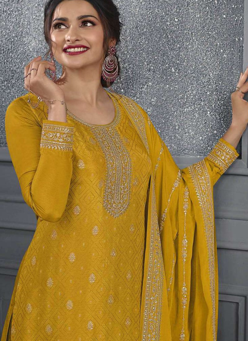 Yellow Straight Cut Palazzo Salwar Suit With Embroidery Work