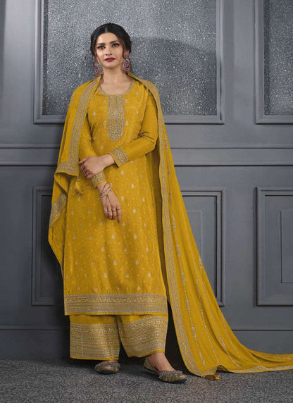 Yellow Straight Cut Palazzo Salwar Suit With Embroidery Work