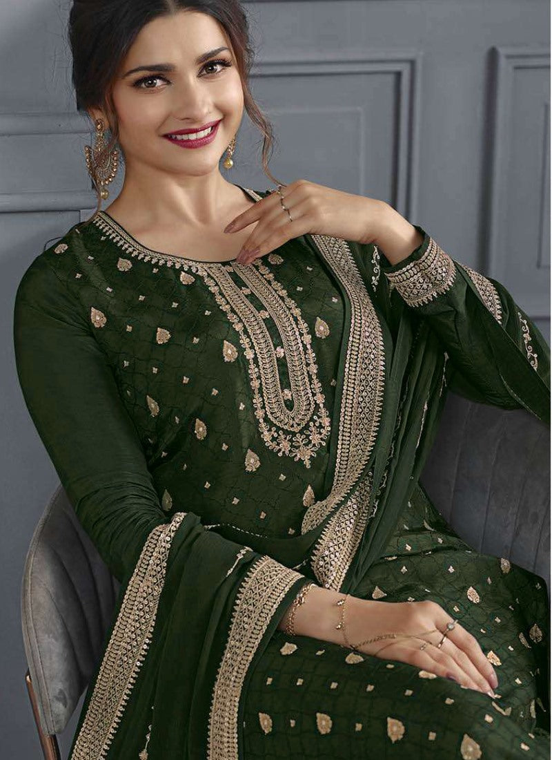 Green Straight Cut Palazzo Salwar Suit With Embroidery Work