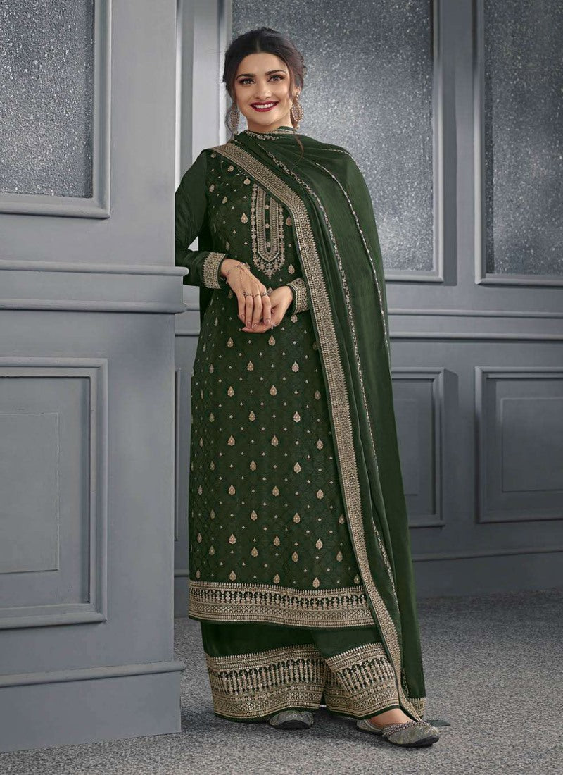 Green Straight Cut Palazzo Salwar Suit With Embroidery Work