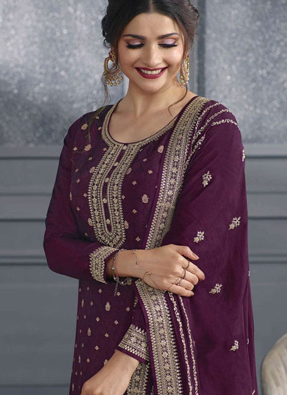 Purple Straight Cut Palazzo Salwar Suit With Embroidery Work