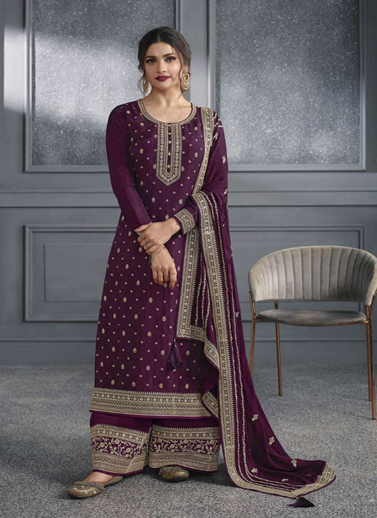 Purple Straight Cut Palazzo Salwar Suit With Embroidery Work