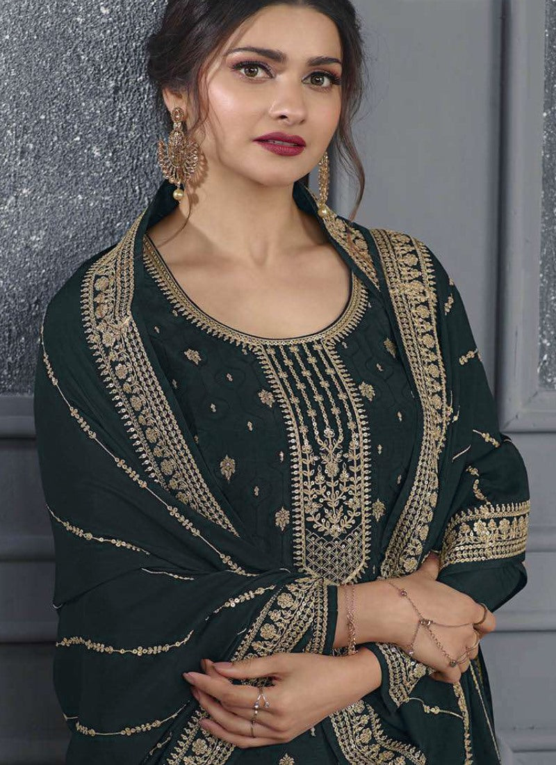 Black Straight Cut Palazzo Salwar Suit With Embroidery Work