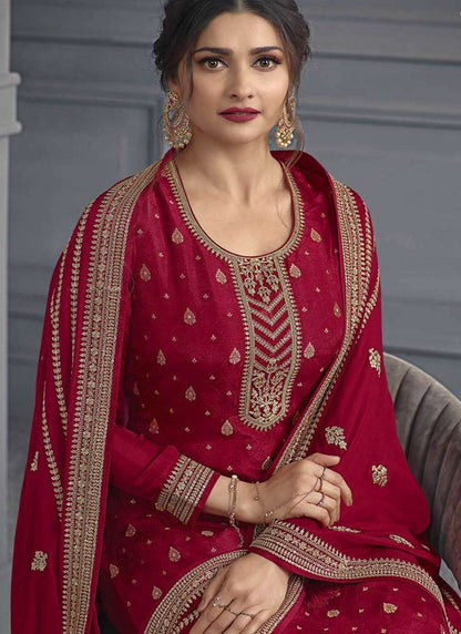 Maroon Straight Cut Palazzo Salwar Suit With Embroidery Work