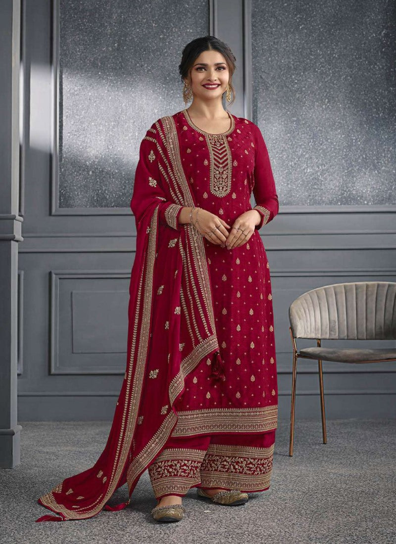 Maroon Straight Cut Palazzo Salwar Suit With Embroidery Work