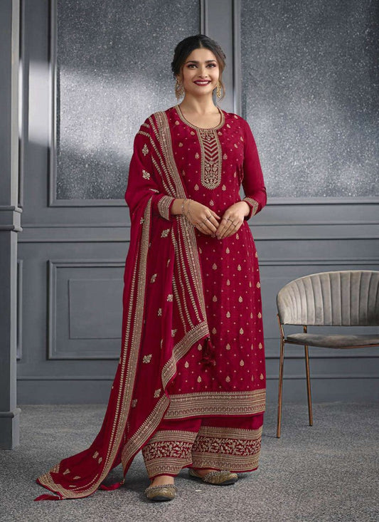 Maroon Straight Cut Palazzo Salwar Suit With Embroidery Work