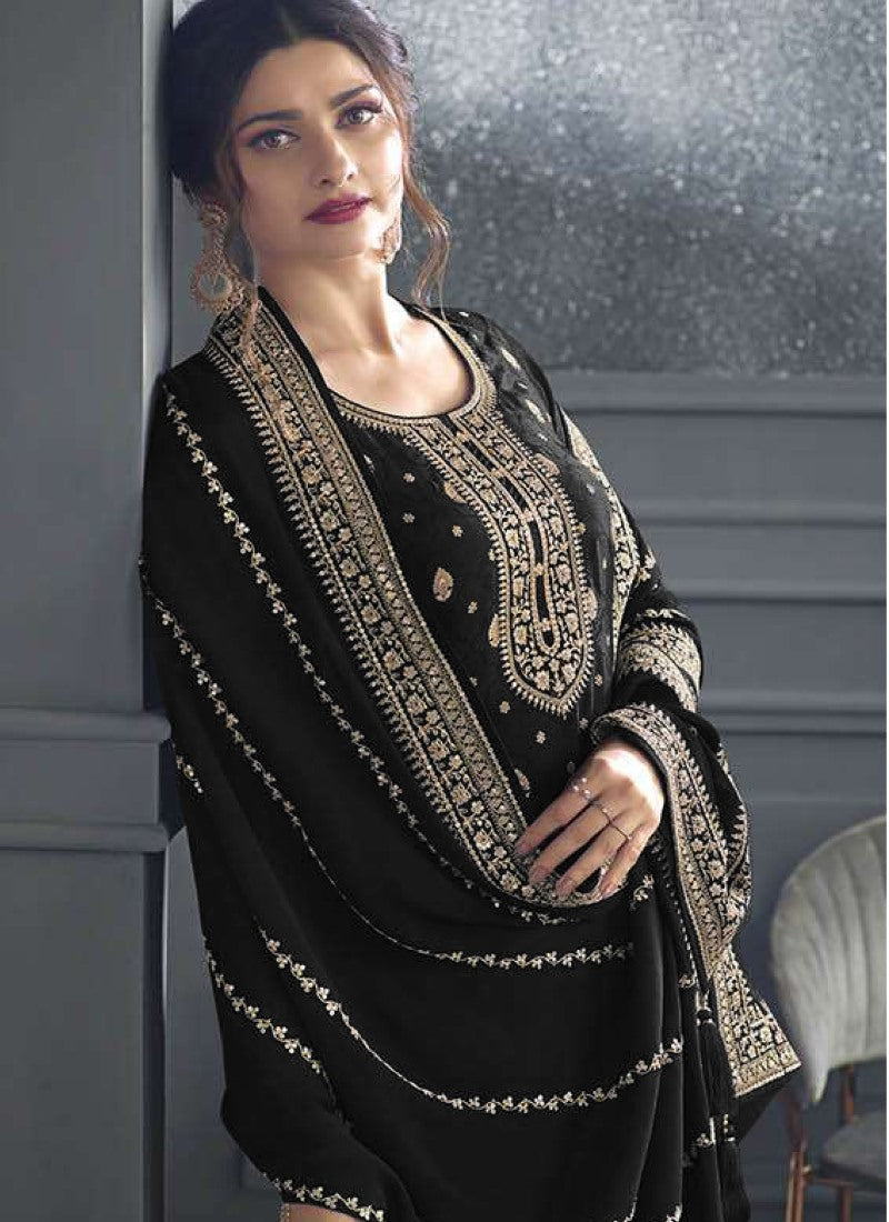 Black Straight Cut Palazzo Salwar Suit With Embroidery Work