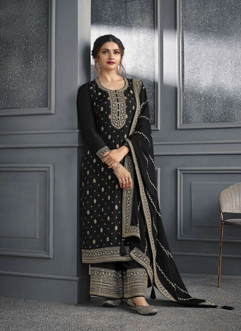 Black Straight Cut Palazzo Salwar Suit With Embroidery Work