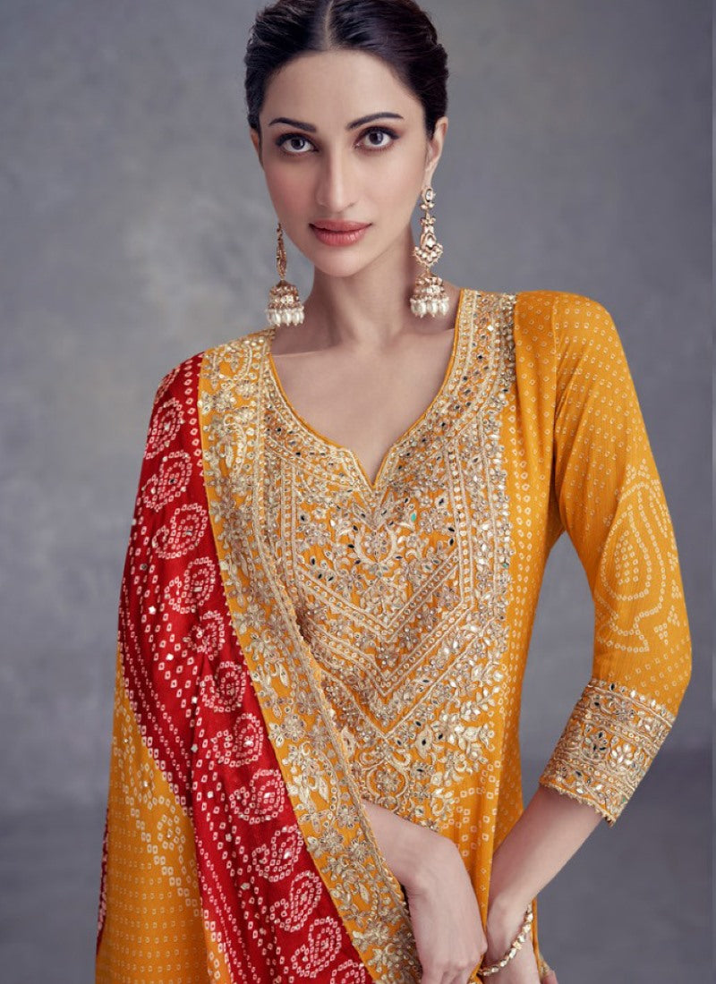 Yellow Straight Cut Palazzo Salwar Suit With Embroidery Work