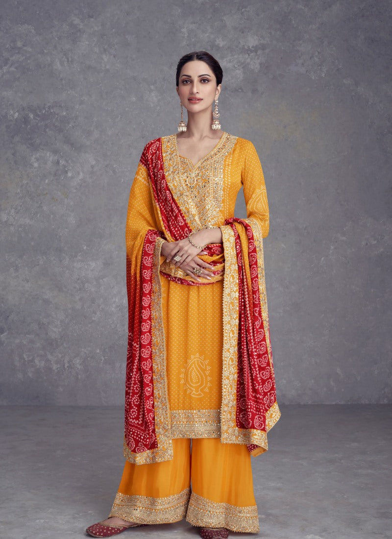 Yellow Straight Cut Palazzo Salwar Suit With Embroidery Work