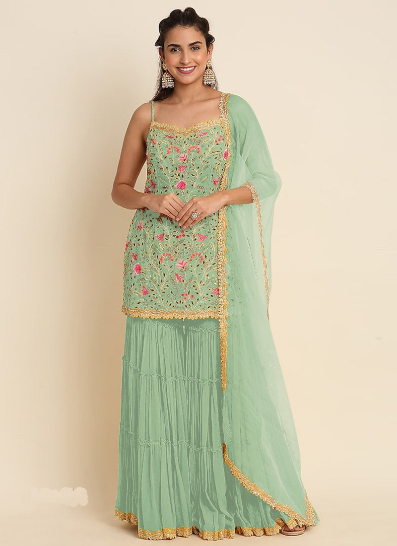 Pista Green Sharara Suit With Embroidery Work