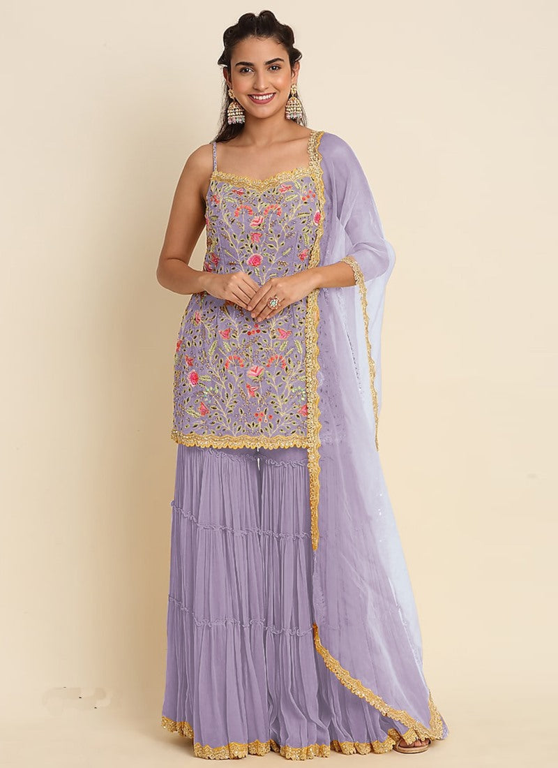 Lavender Sharara Suit With Embroidery Work