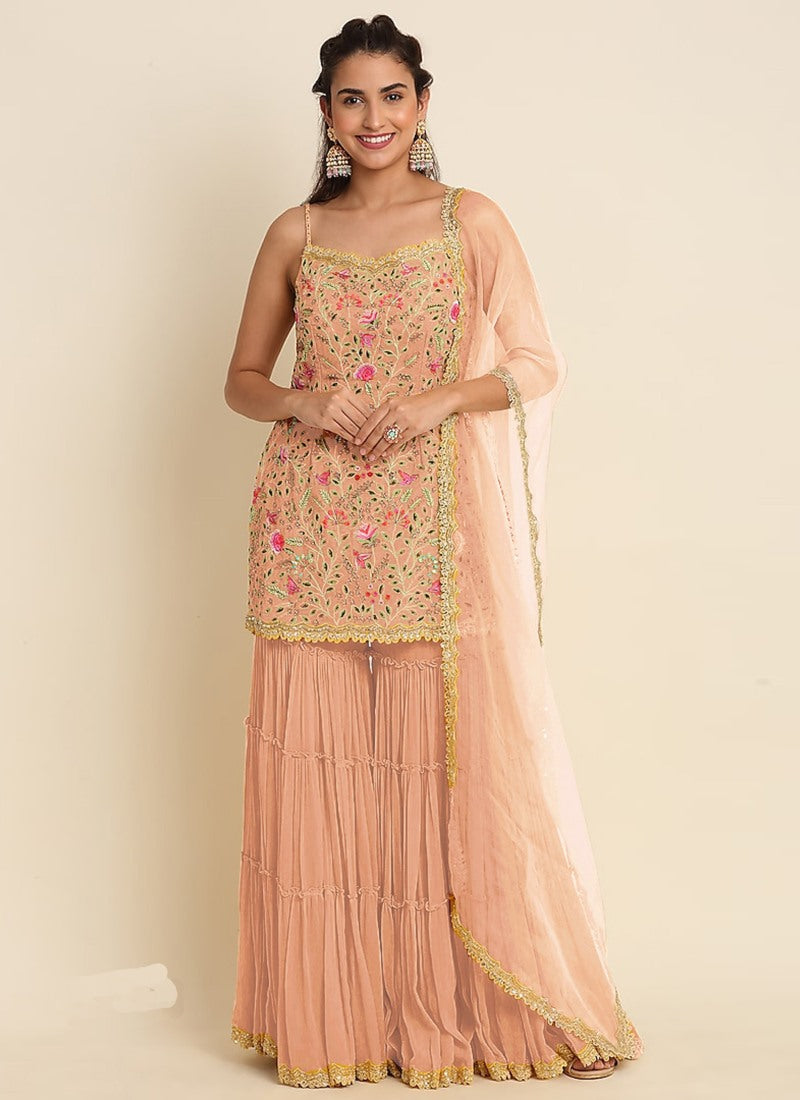 Peach Sharara Suit With Embroidery Work