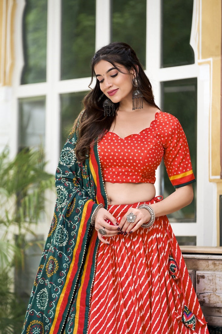 Red Tussar Silk Bandhani Print Chaniya Choli