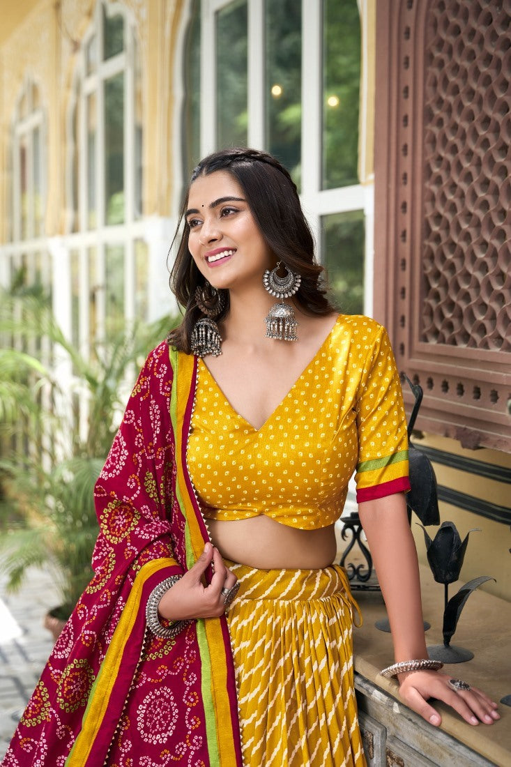 Yellow Tussar Silk Bandhani Print Chaniya Choli