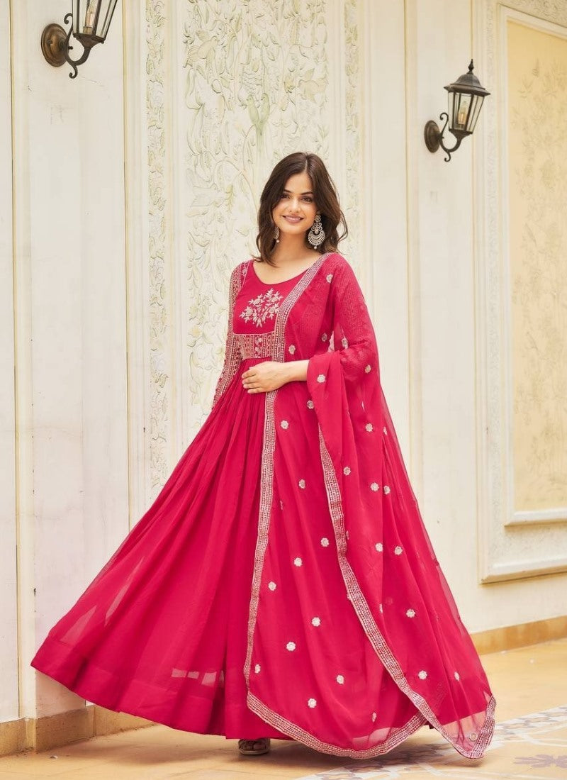 Magenta Anarkali Gown With Embroidery Work