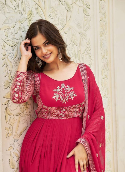 Magenta Anarkali Gown With Embroidery Work