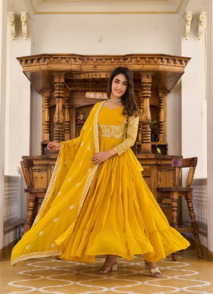 Yellow Anarkali Gown With Embroidery Work