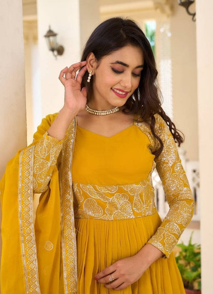 Yellow Anarkali Gown With Embroidery Work