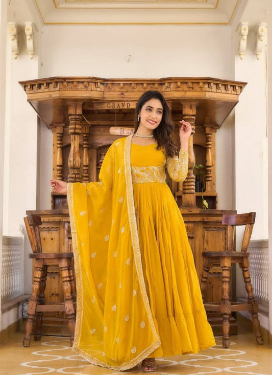 Yellow Anarkali Gown With Embroidery Work