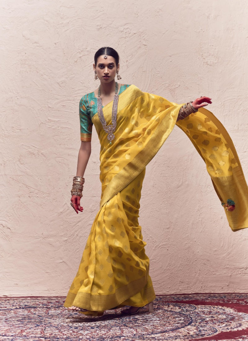 Yellow Pure Silk Saree With Embroidery Work