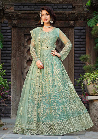 Aqua Green Net Abaya Suit with Embroidery and Stone Work