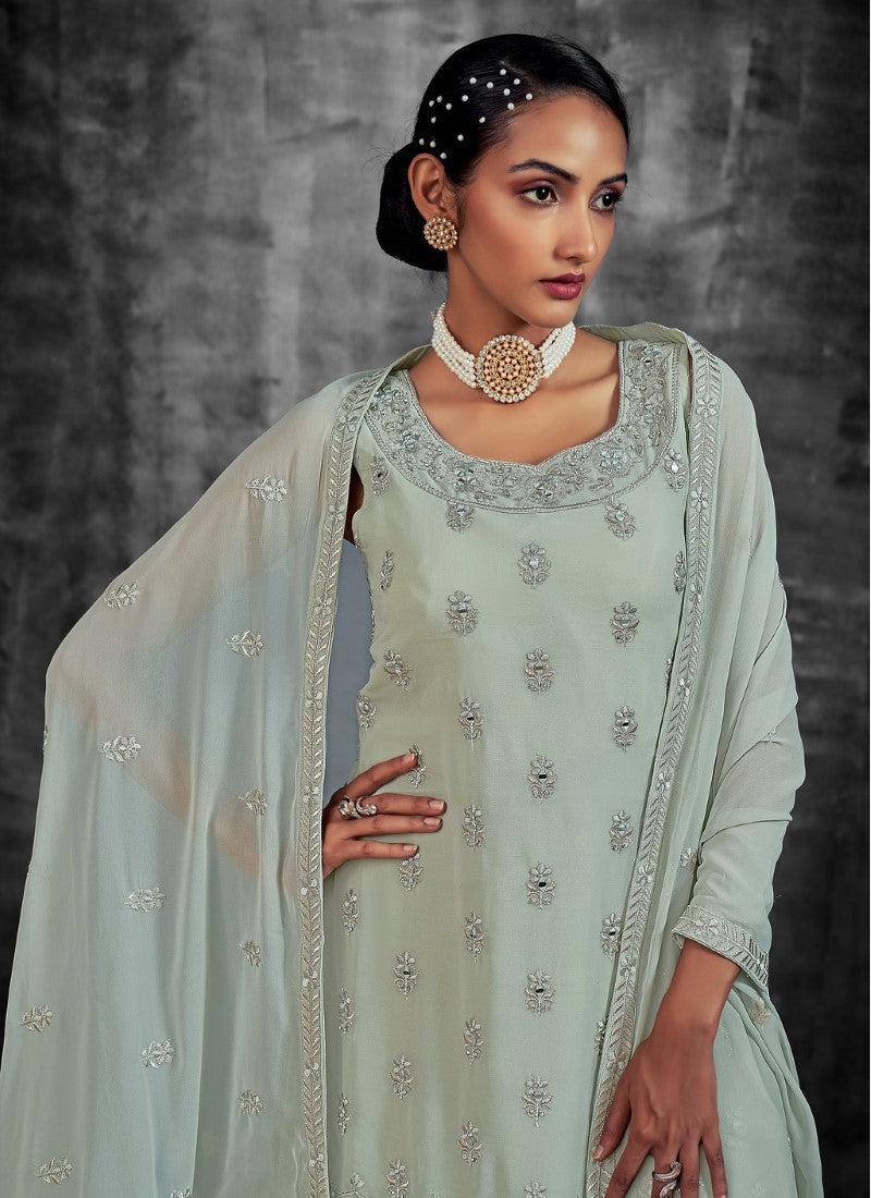 Light Green Georgette Sharara Suit with Mirror, Zari and Thread Work-2