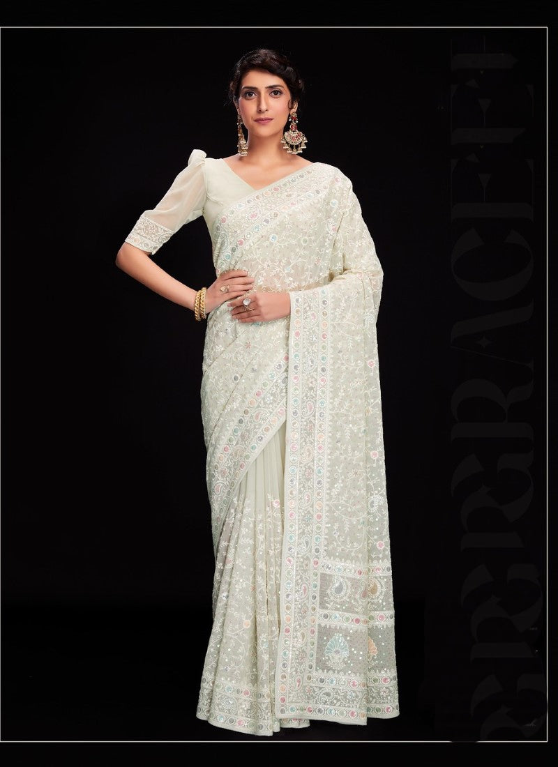 White  Party Wear Lucknowi Saree with Sequine Work