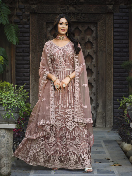 Pink Net Abaya Suit with Embroidery and Stone Work