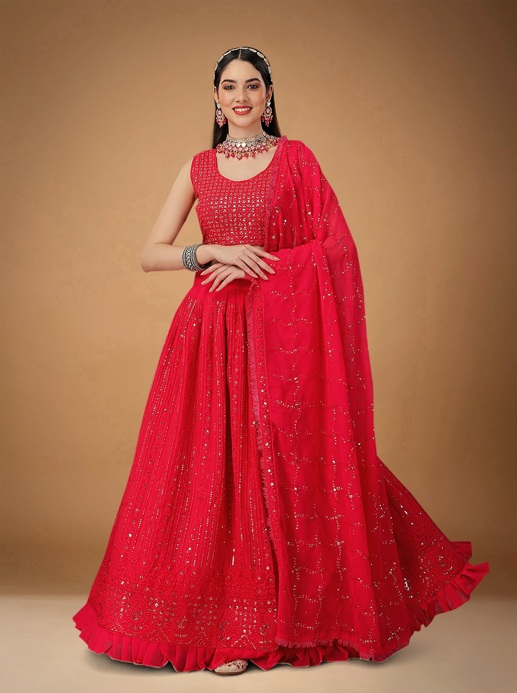 Red Georgette Party Wear Lehenga Choli With Sequins and Zari Work-2