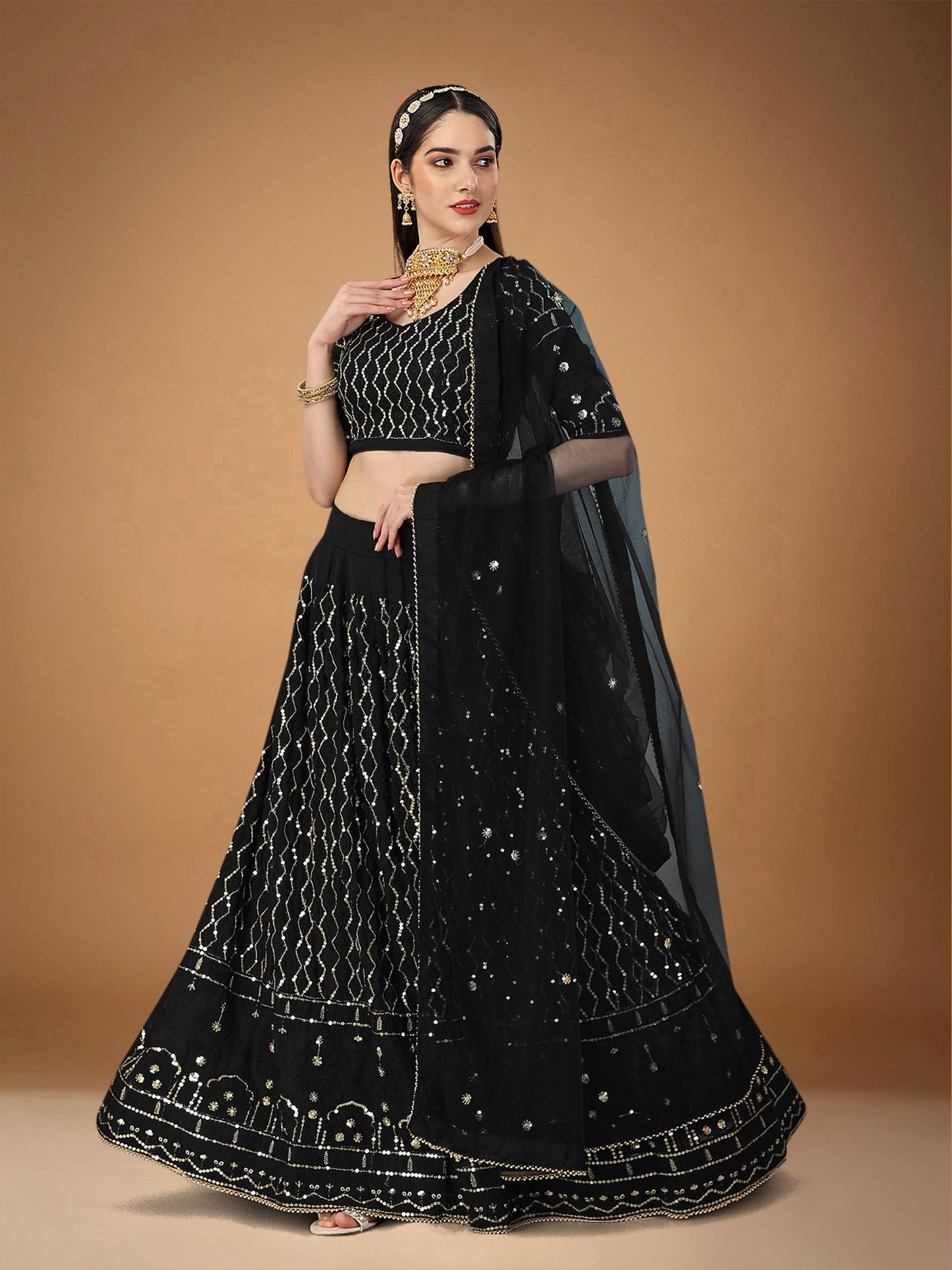 Black Georgette Party Wear Lehenga Choli With Sequins and Zari Work